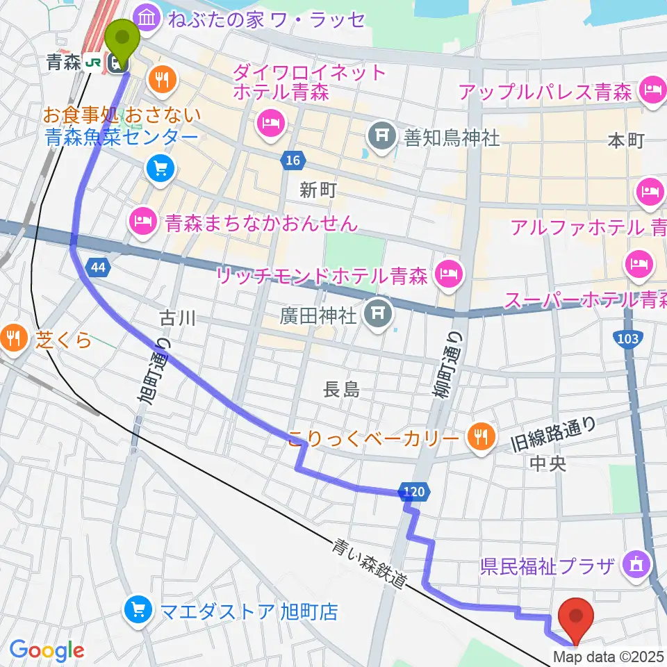 ティーズエレキギタークリニック青森の最寄駅青森駅からの徒歩ルート（約32分）地図