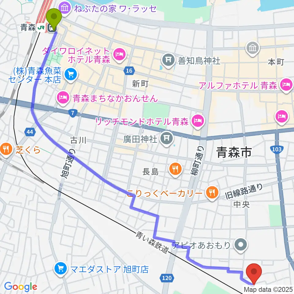 ティーズエレキギタークリニック青森の最寄駅青森駅からの徒歩ルート（約32分）地図