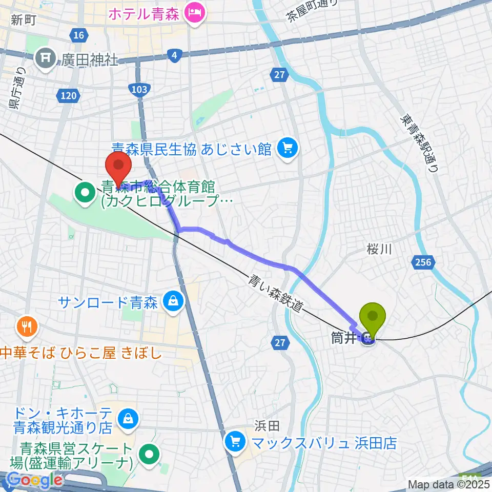 筒井駅からティーズエレキギタークリニック青森へのルートマップ地図