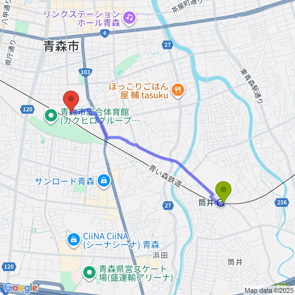 筒井駅からティーズエレキギタークリニック青森へのルートマップ地図