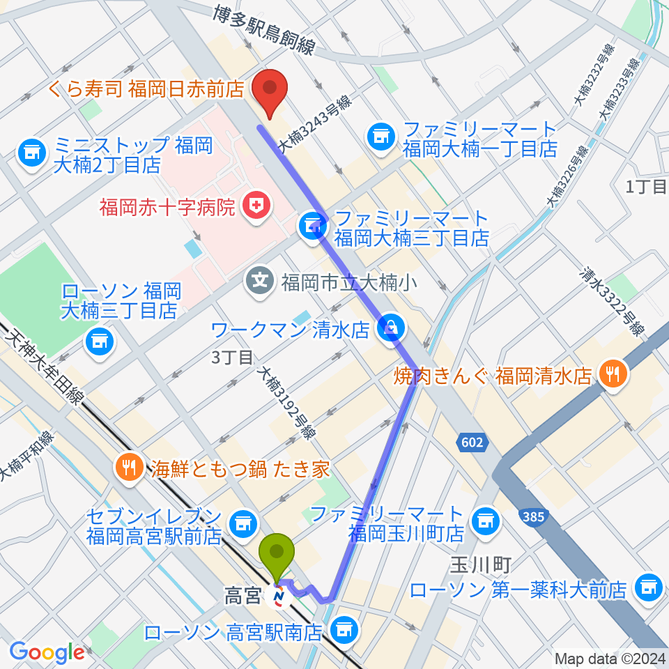 ピアノ百貨福岡店の最寄駅高宮駅からの徒歩ルート（約11分）地図