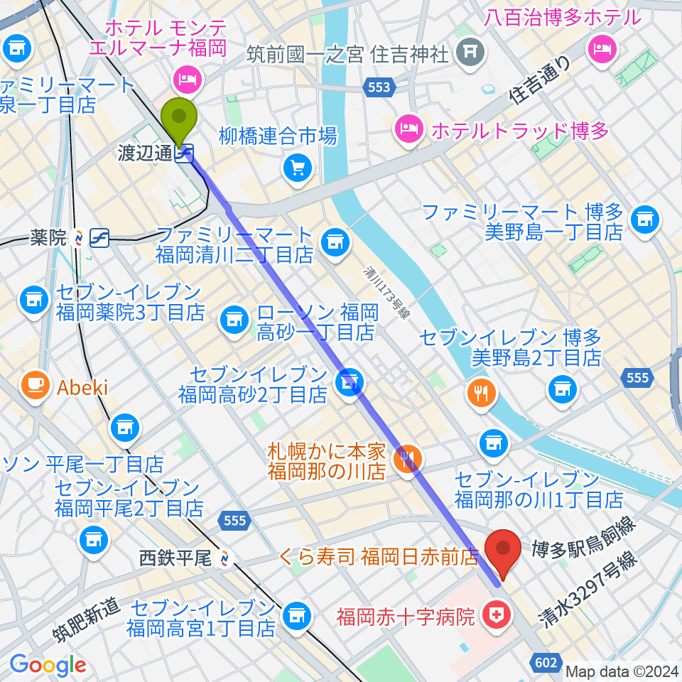 渡辺通駅からピアノ百貨福岡店へのルートマップ地図