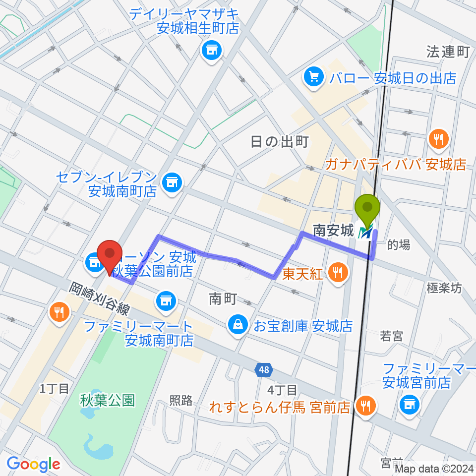 ギターショップ・メイヤの最寄駅南安城駅からの徒歩ルート（約9分）地図