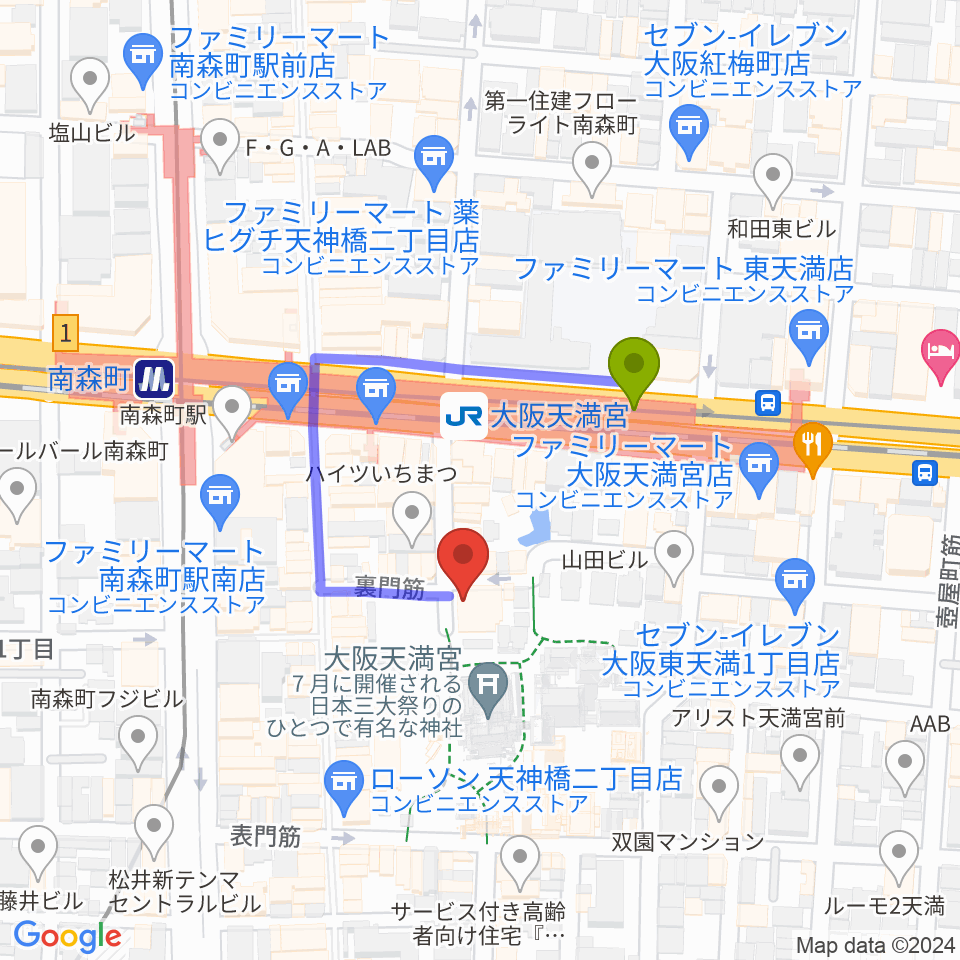 天満天神繁昌亭の最寄駅大阪天満宮駅からの徒歩ルート（約2分）地図