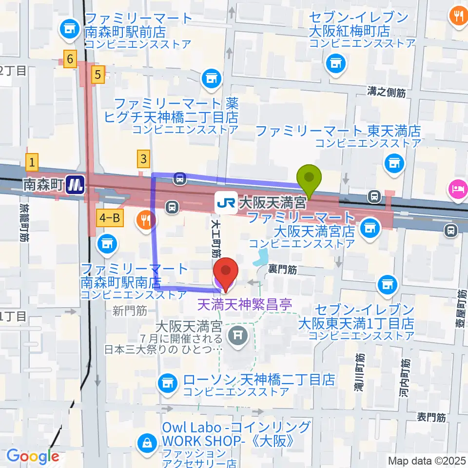 天満天神繁昌亭の最寄駅大阪天満宮駅からの徒歩ルート（約2分）地図