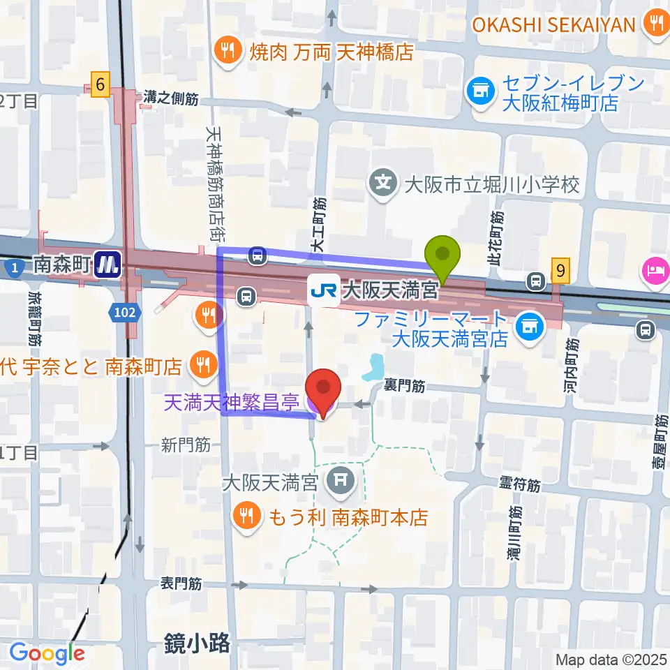 天満天神繁昌亭の最寄駅大阪天満宮駅からの徒歩ルート（約2分）地図