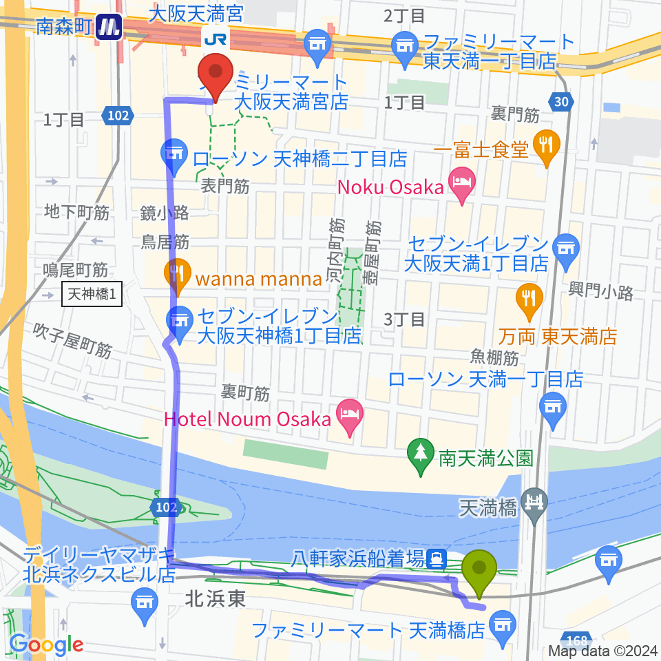 天満橋駅から天満天神繁昌亭へのルートマップ地図