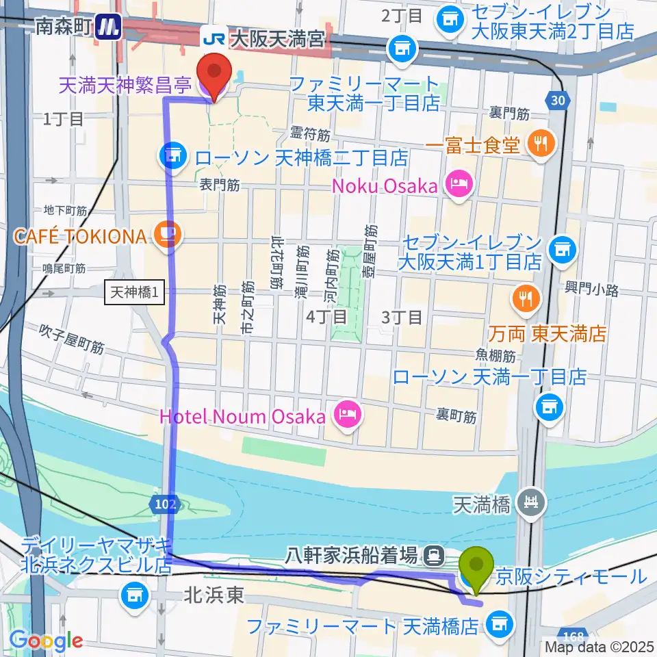 天満橋駅から天満天神繁昌亭へのルートマップ地図