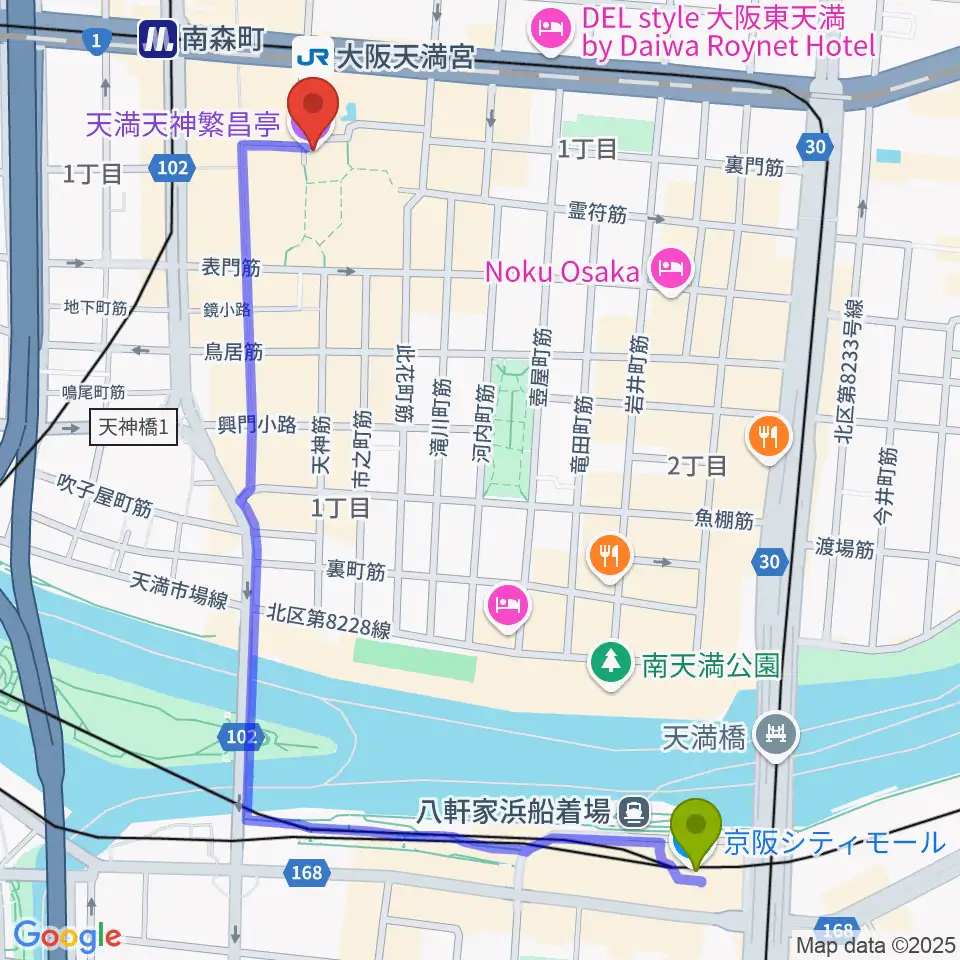 天満橋駅から天満天神繁昌亭へのルートマップ地図