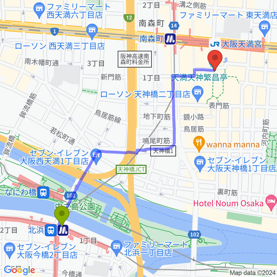 北浜駅から天満天神繁昌亭へのルートマップ地図