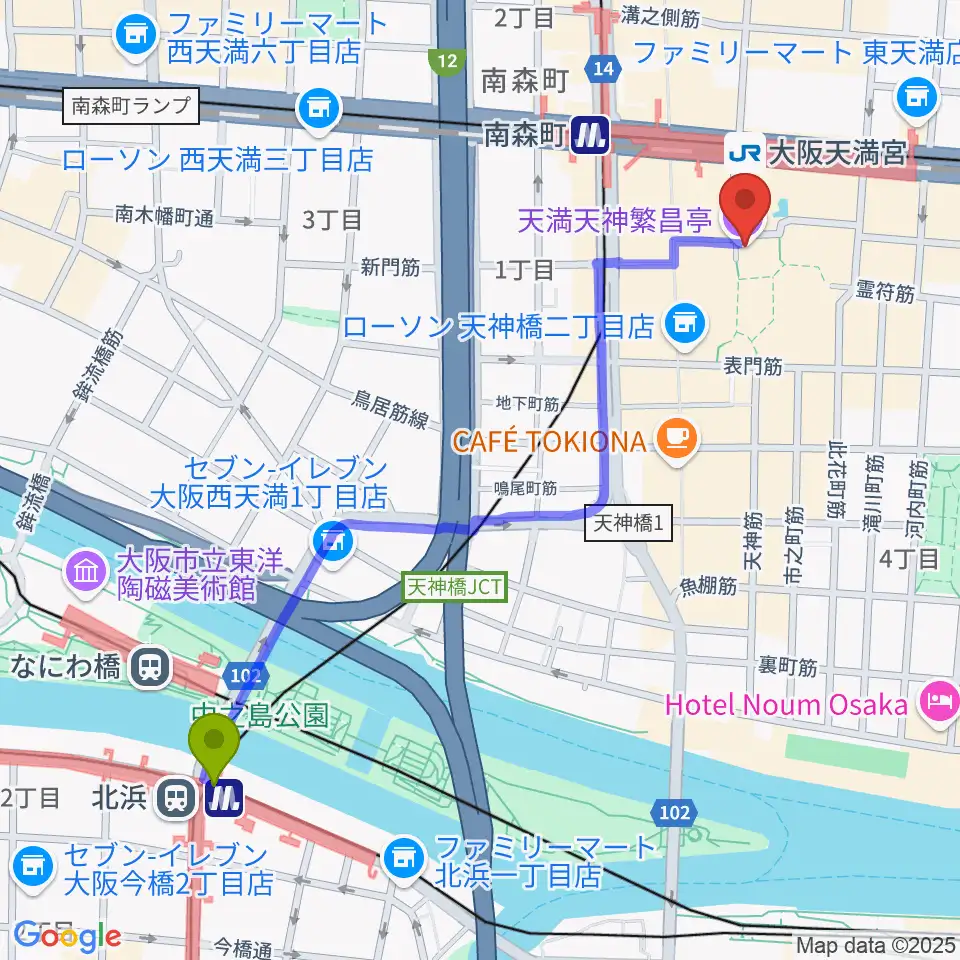 北浜駅から天満天神繁昌亭へのルートマップ地図