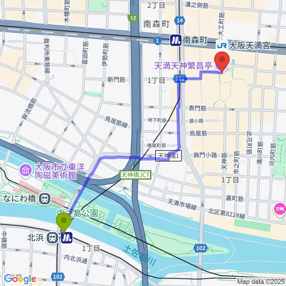 北浜駅から天満天神繁昌亭へのルートマップ地図