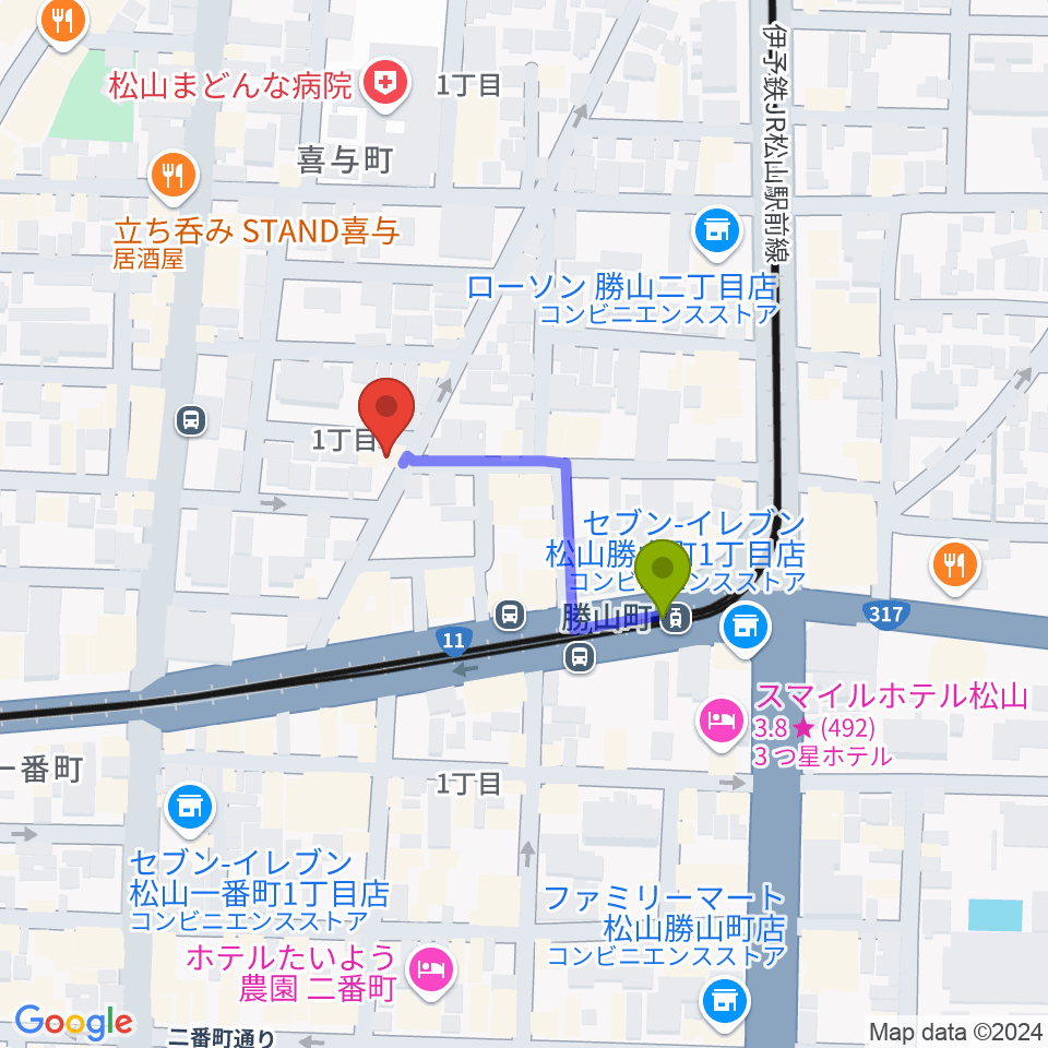 ジャズ イン グレッチの最寄駅勝山町駅からの徒歩ルート（約2分）地図