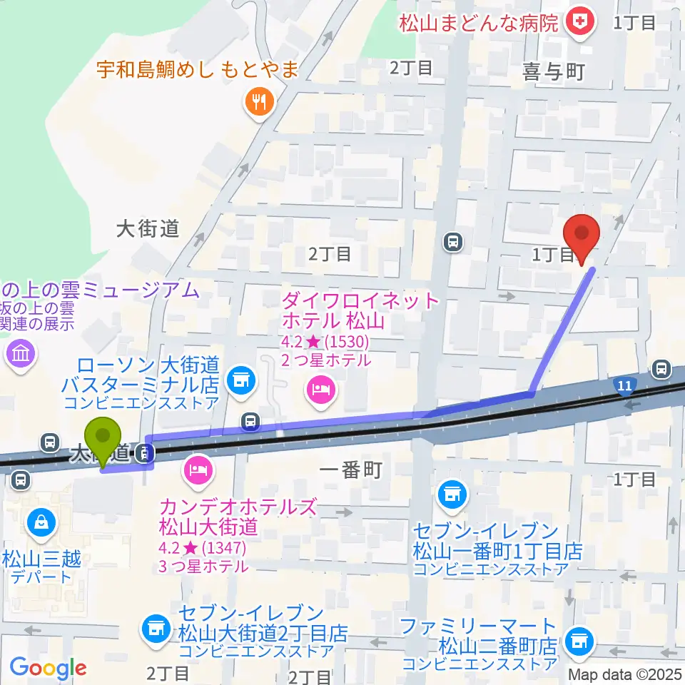 大街道駅からジャズ イン グレッチへのルートマップ地図