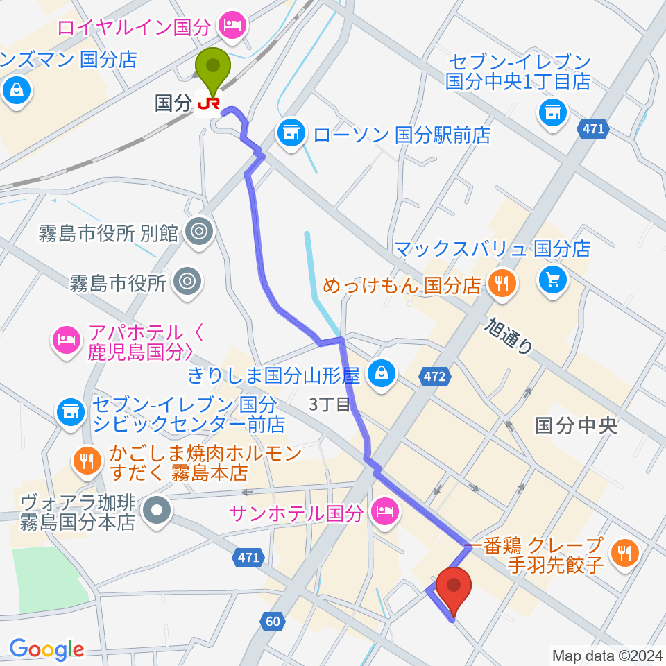 ジャズ喫茶ジャンゴの最寄駅国分駅からの徒歩ルート（約14分）地図