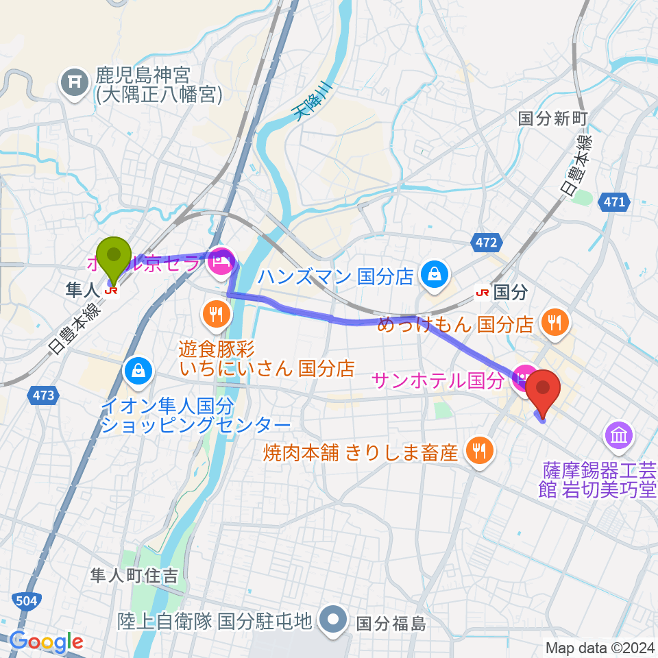 隼人駅からジャズ喫茶ジャンゴへのルートマップ地図