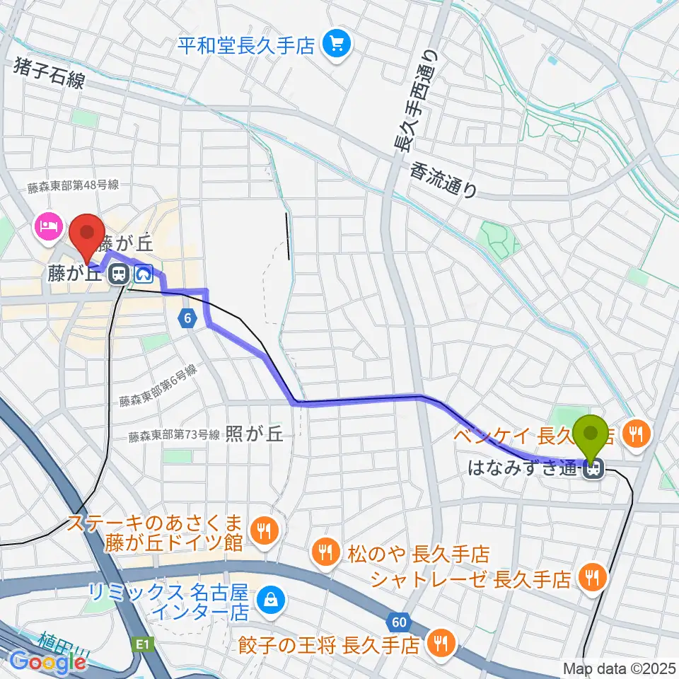 はなみずき通駅から名古屋新堀ギター音楽院 藤ヶ丘教室へのルートマップ地図