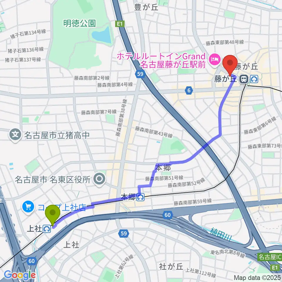 上社駅から名古屋新堀ギター音楽院 藤ヶ丘教室へのルートマップ地図