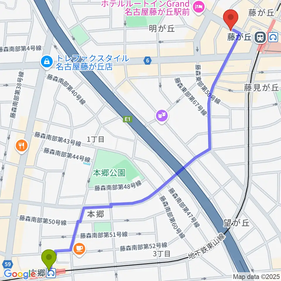 本郷駅から名古屋新堀ギター音楽院 藤ヶ丘教室へのルートマップ地図