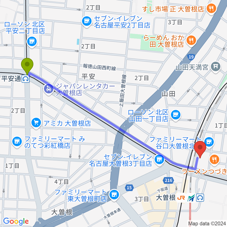 平安通駅から名古屋 新堀ギター音楽院 大曽根教室へのルートマップ地図