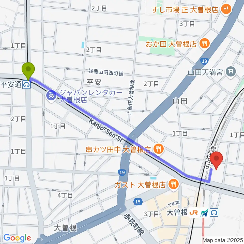 平安通駅から名古屋 新堀ギター音楽院 大曽根教室へのルートマップ地図