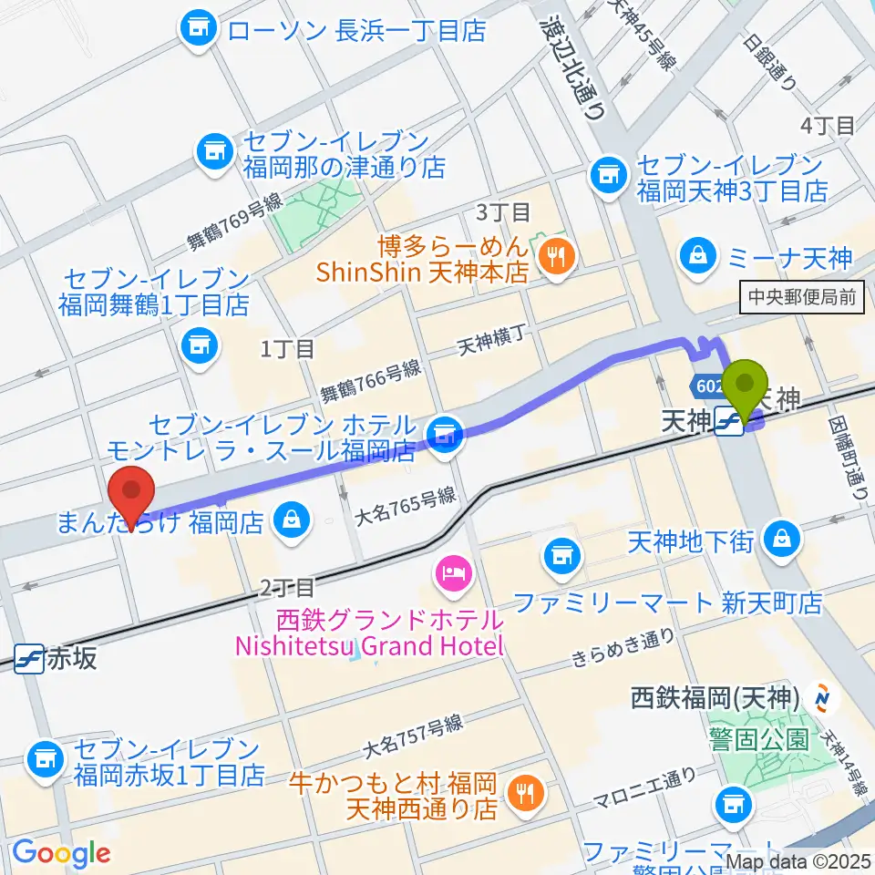 天神駅からクレモナ楽器へのルートマップ地図