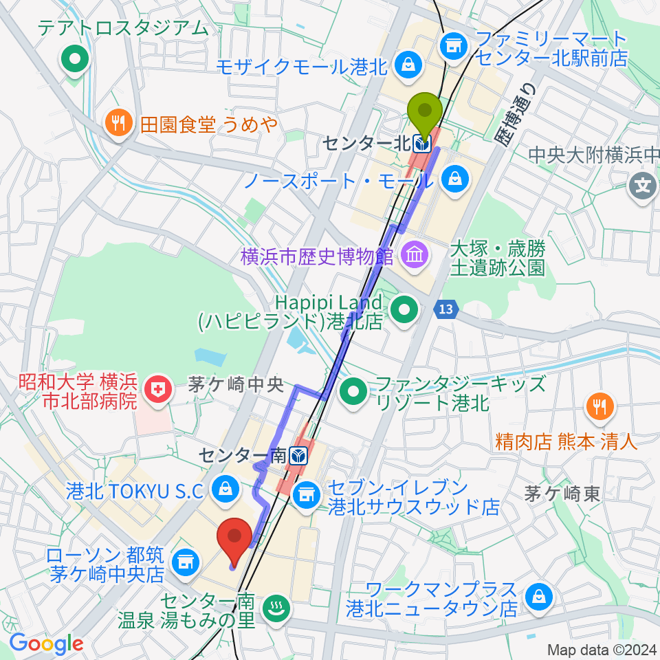 センター北駅からホーリーアローズボーカルスクールへのルートマップ地図