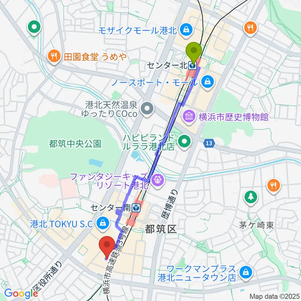 センター北駅からホーリーアローズボーカルスクールへのルートマップ地図