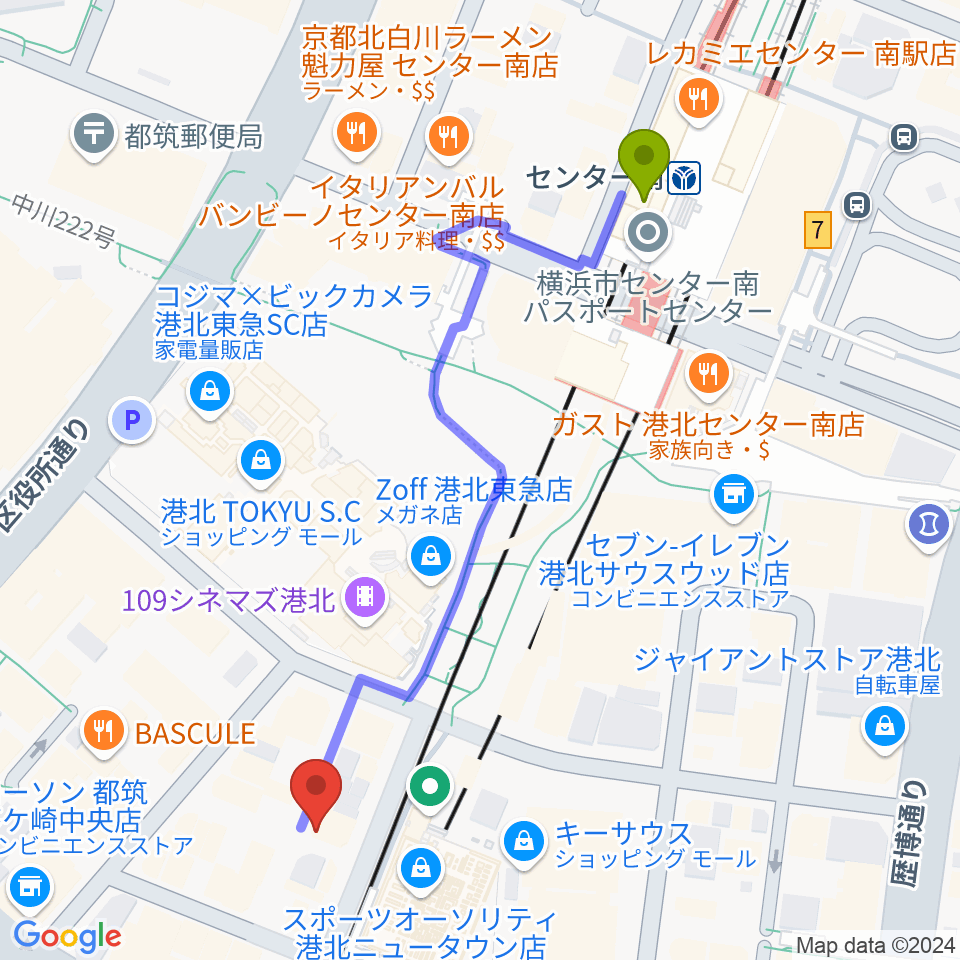 ホーリーアローズボーカルスクールの最寄駅センター南駅からの徒歩ルート（約6分）地図