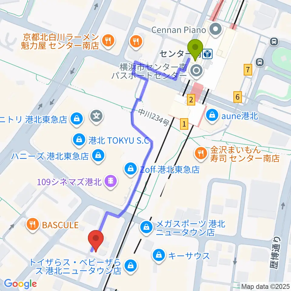 ホーリーアローズボーカルスクールの最寄駅センター南駅からの徒歩ルート（約6分）地図