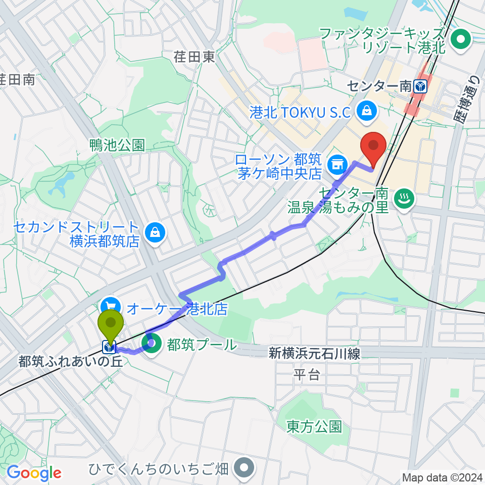 都筑ふれあいの丘駅からホーリーアローズボーカルスクールへのルートマップ地図