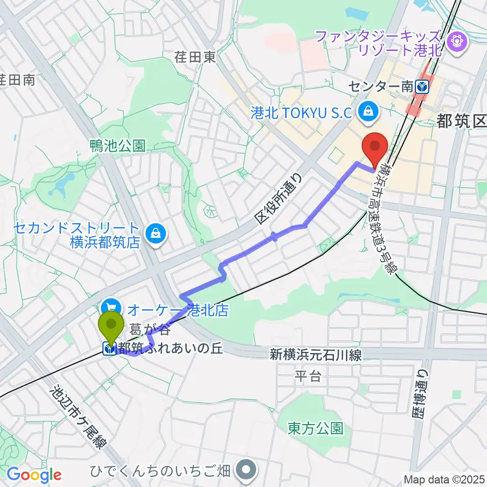 都筑ふれあいの丘駅からホーリーアローズボーカルスクールへのルートマップ地図
