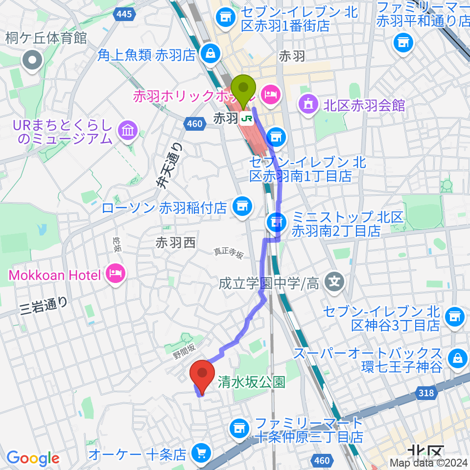 赤羽駅からジョニーギター教室へのルートマップ地図