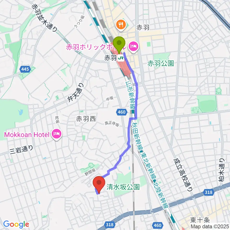 赤羽駅からジョニーギター教室へのルートマップ地図