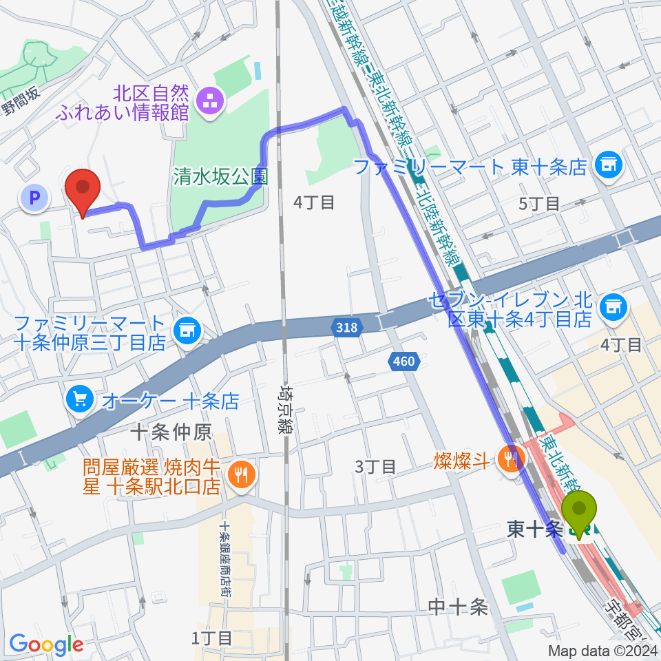 ジョニーギター教室の最寄駅東十条駅からの徒歩ルート（約14分）地図