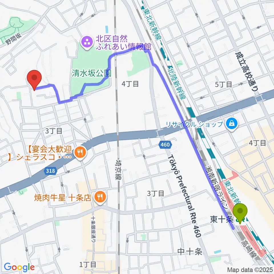 ジョニーギター教室の最寄駅東十条駅からの徒歩ルート（約14分）地図