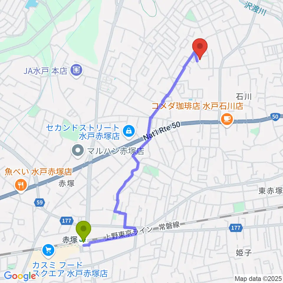 中村ギター教室の最寄駅赤塚駅からの徒歩ルート（約23分）地図