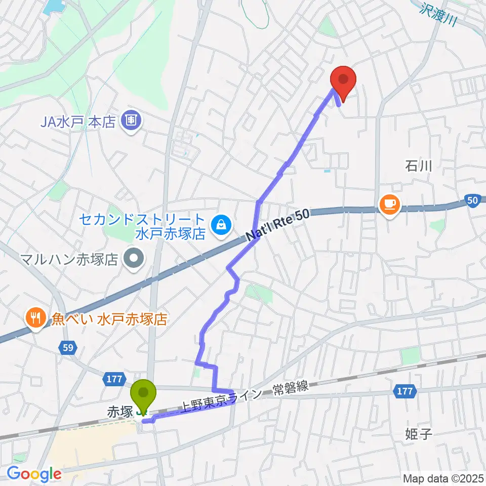 中村ギター教室の最寄駅赤塚駅からの徒歩ルート（約23分）地図