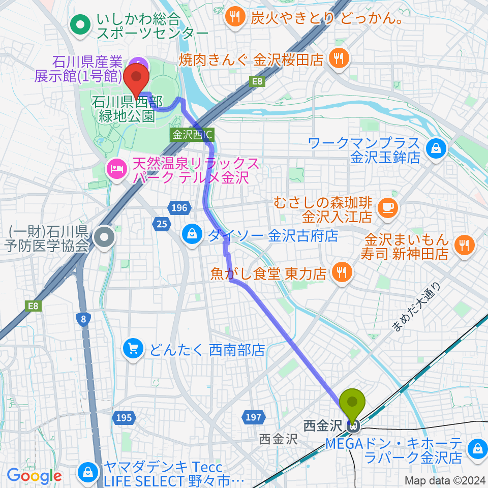 石川県産業展示館1・2・3号館の最寄駅西金沢駅からの徒歩ルート（約49分）地図