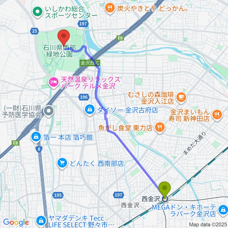 石川県産業展示館1・2・3号館の最寄駅西金沢駅からの徒歩ルート（約49分）地図