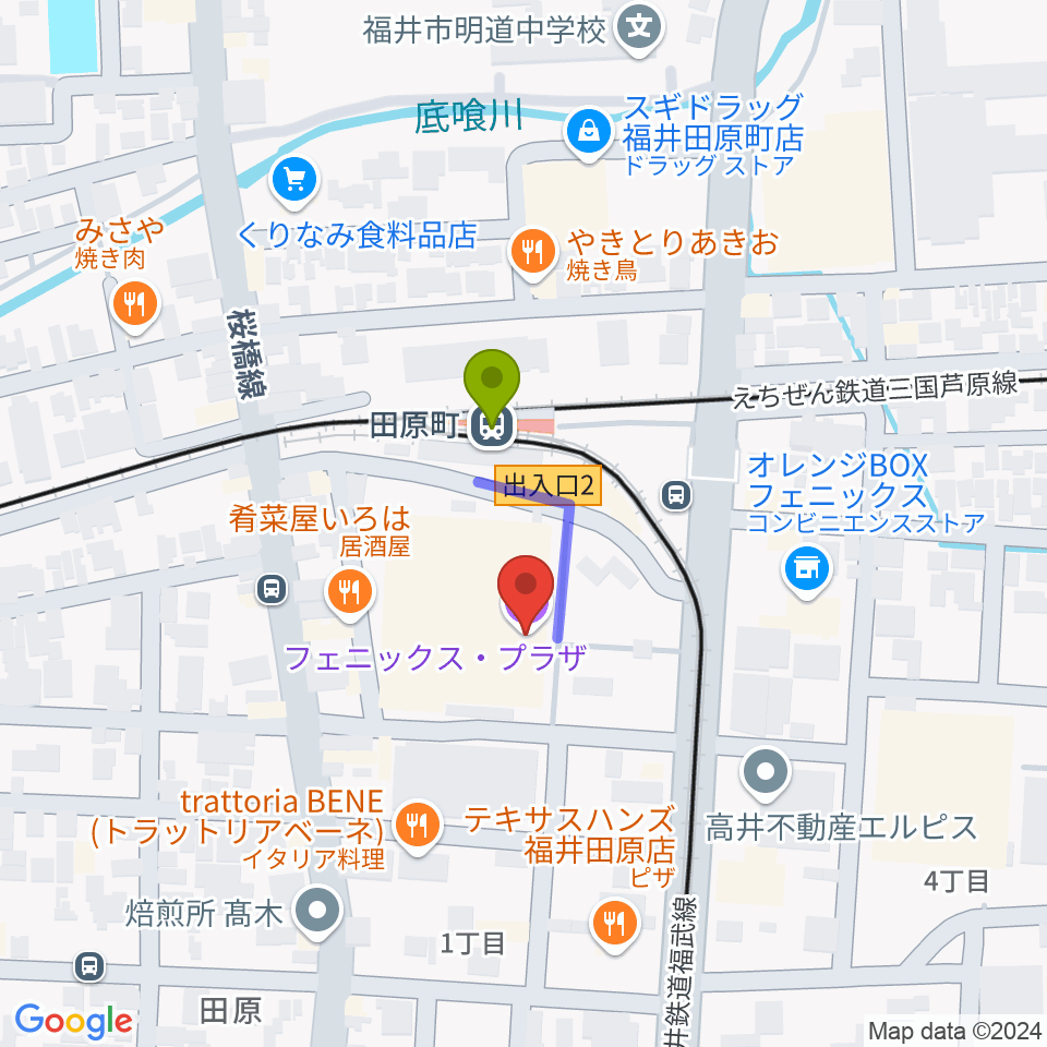 フェニックス・プラザの最寄駅田原町駅からの徒歩ルート（約2分）地図