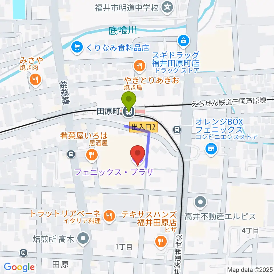 フェニックス・プラザの最寄駅田原町駅からの徒歩ルート（約2分）地図