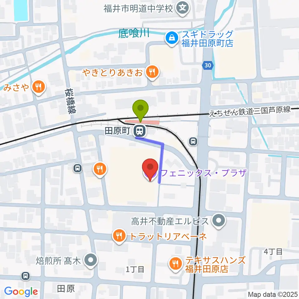 フェニックス・プラザの最寄駅田原町駅からの徒歩ルート（約2分）地図