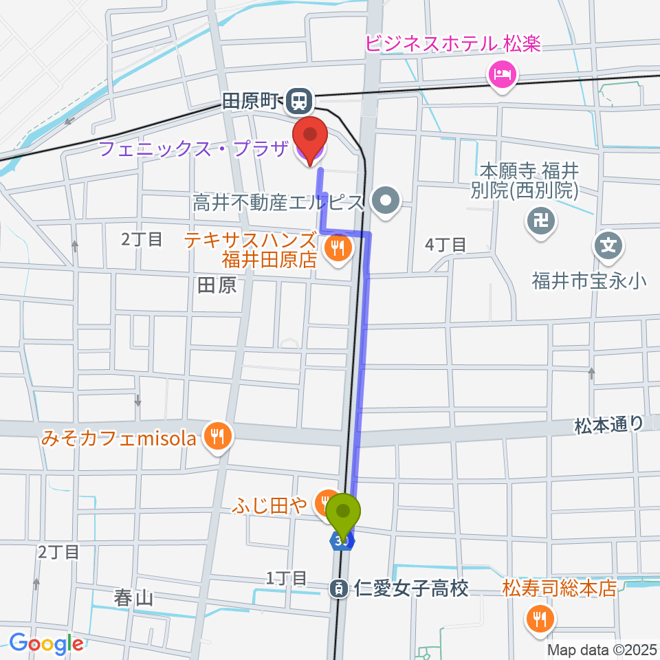 仁愛女子高校駅からフェニックス・プラザへのルートマップ地図