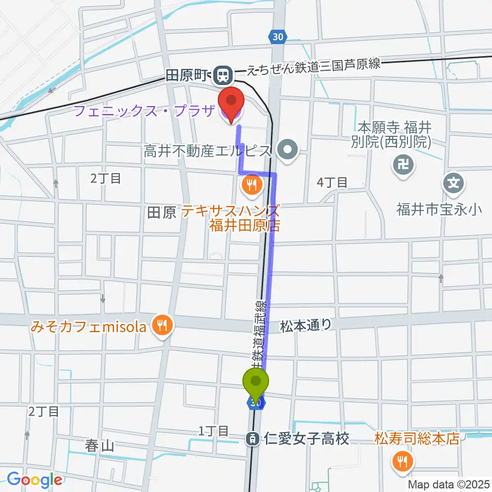 仁愛女子高校駅からフェニックス・プラザへのルートマップ地図