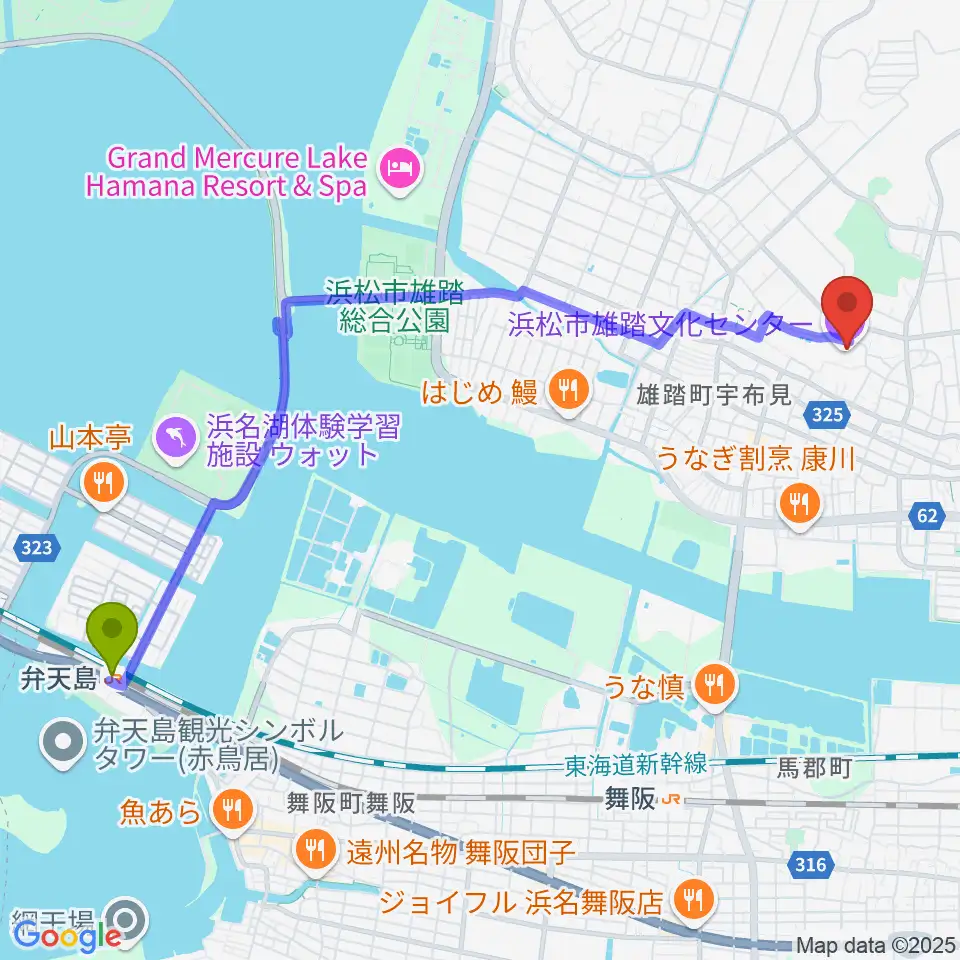 弁天島駅から浜松市雄踏文化センターへのルートマップ地図