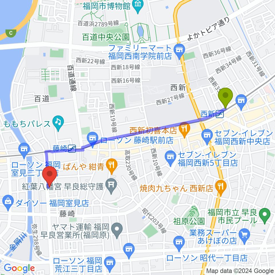 西新駅から日本楽芸社 ピアノパークへのルートマップ地図