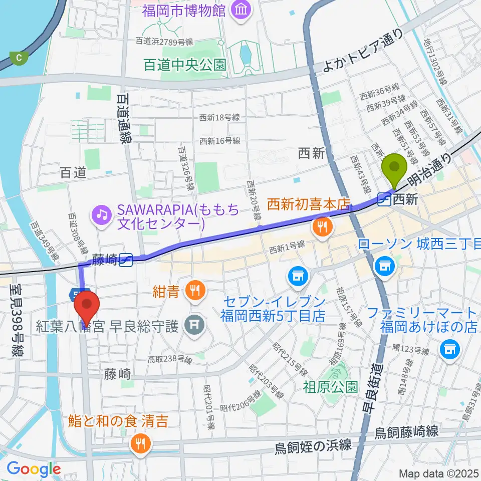 西新駅から日本楽芸社 ピアノパークへのルートマップ地図