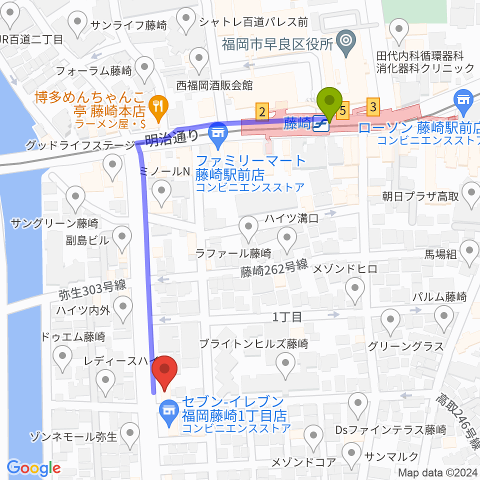 日本楽芸社 ピアノパークの最寄駅藤崎駅からの徒歩ルート（約5分）地図