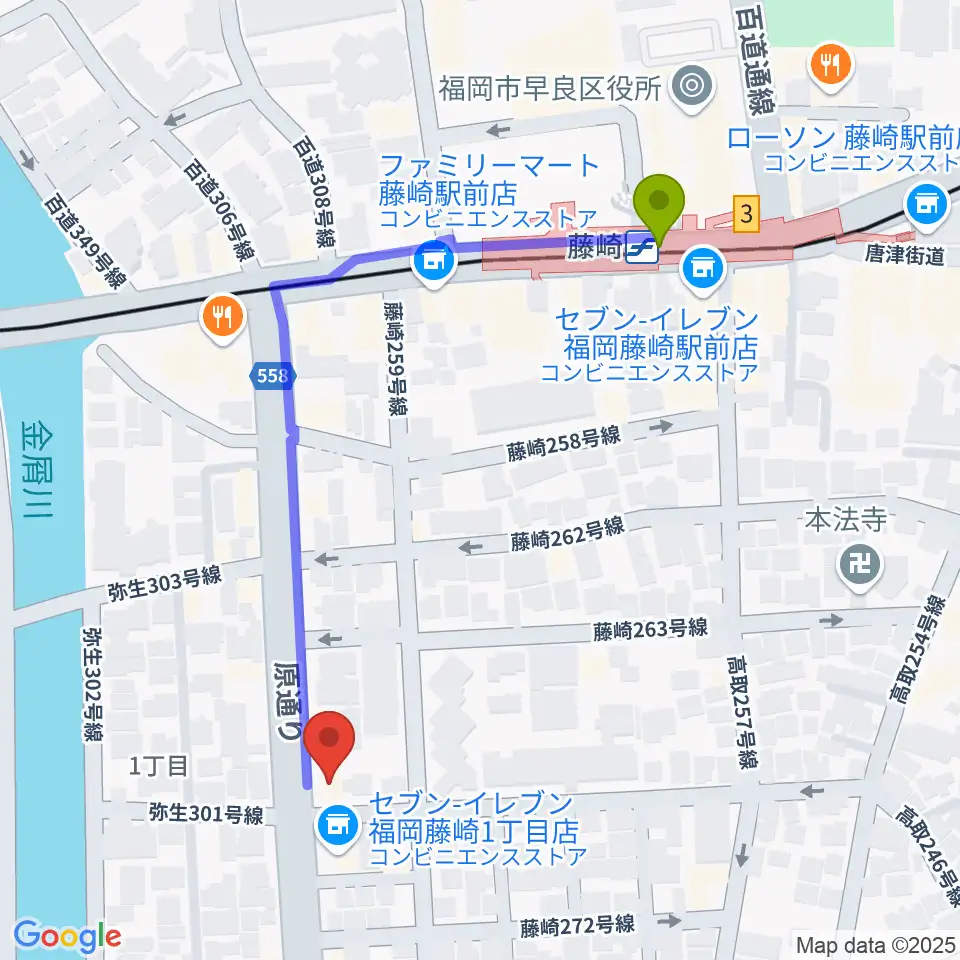 日本楽芸社 ピアノパークの最寄駅藤崎駅からの徒歩ルート（約5分）地図